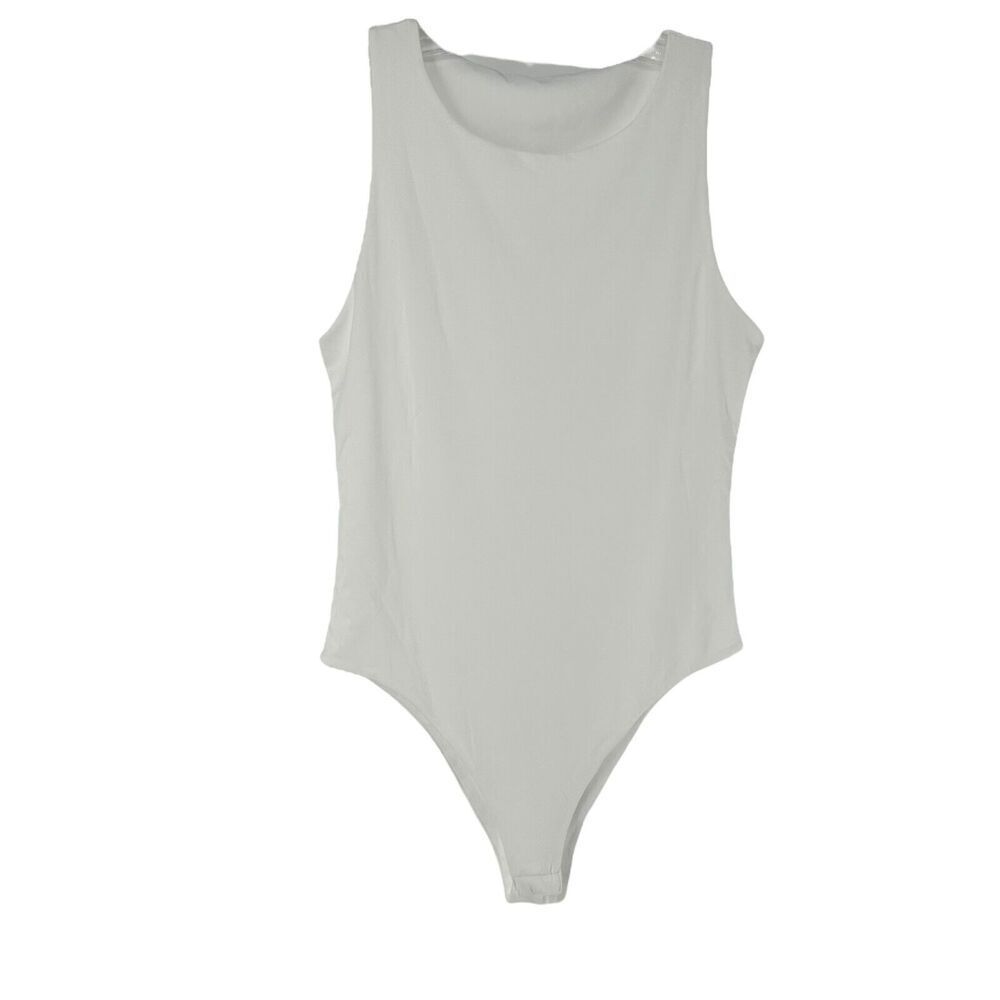 White Bodysuit Womens Size L Sleeveless Round Neck Stretch Material Snap Close